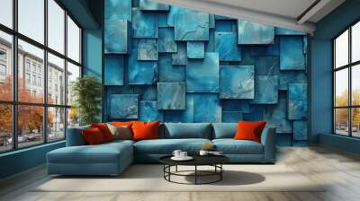 Blue textured wall composed of various tiles arranged in an abstract pattern Wall mural