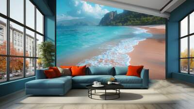 Calm Ocean Waves Breaking on a Sandy Beach Near Lush Green Hills on a Sunny Day Wall mural