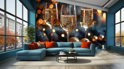 Celebration Toast With Sparkling Glasses Amidst Golden Lights During New Year Festivities Wall mural