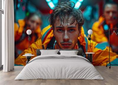 Close Up Portrait of a Young Man in a Bright Orange Suit Inside a Spaceship Wall mural