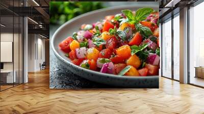 Colorful fresh vegetable salad featuring tomatoes, onions, and herbs prepared in a stylish bowl on a dark countertop Wall mural