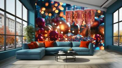 Festive Celebration With Sparkling Glasses and Colorful Ornaments During a Holiday Gathering in Winter Wall mural