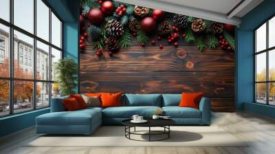 Festive holiday decorations featuring red ornaments and pinecones on a wooden table Wall mural