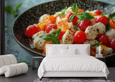 Fresh mozzarella and cherry tomato salad with basil garnished in a rustic bowl Wall mural