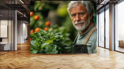 Gardener tending to vegetables and tomatoes in a lush green garden during the day Wall mural