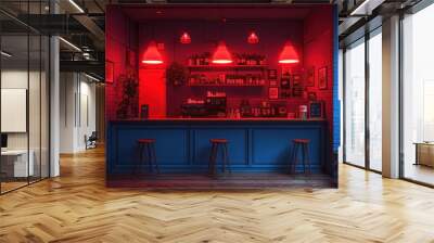 Inviting bar interior with red lighting, wooden stools, and a well-stocked counter in a cozy urban setting Wall mural