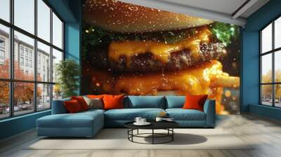 Melted cheese burger piled high with golden fries at a lively dinner setting during the late evening hours Wall mural