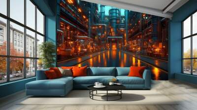 Modern industrial facility with illuminated pipelines and machinery at night showcasing advanced technology and design elements Wall mural