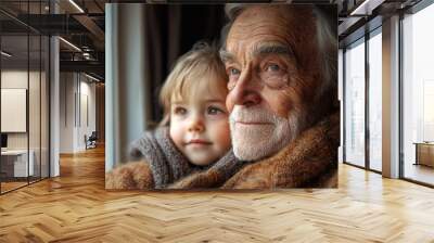 Tender moment between a grandfather and granddaughter indoors during a cozy winter afternoon by the window Wall mural