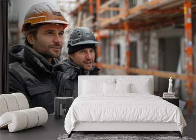 Two Construction Workers Reviewing Plans on a Building Site in Winter Weather Wall mural