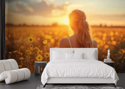 Woman Standing in a Field of Sunflowers. Generative AI Wall mural