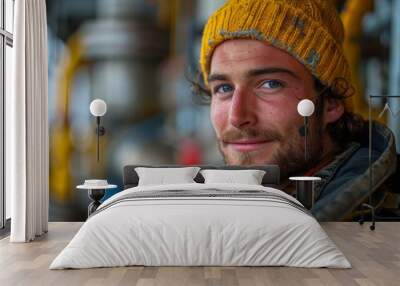 Young Man With Blue Eyes Wearing a Knitted Yellow Beanie Smiling in Industrial Setting Wall mural