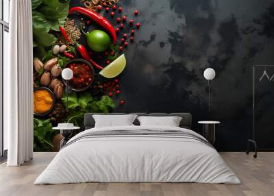  Asian food background with various ingredients on rustic stone background, top view. Vietnam or Thai cuisine Wall mural