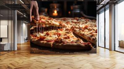 Hands devouring pizza on the table, a bright room with a window Wall mural