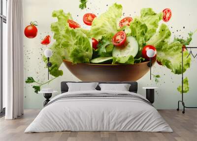 Lettuce green leaves, tomatoes, cucumber, onion flying in the air in cardboard bowl on white background. Healthy food delivery concept Wall mural