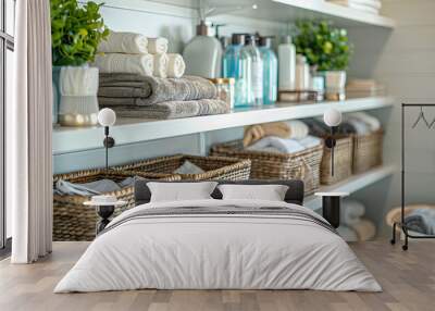 organized laundry with shelves and baskets in a modern house Wall mural