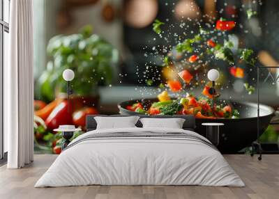 vegetables fly out of the pan in the kitchen Wall mural