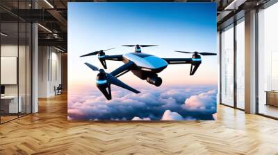 A flying Modern drone quadcopter with digital camera and sensors flying on sky for security-related ,delivery automatic online,transportation ai technology future concepts. Wall mural