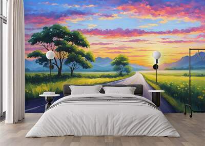 Digital oil painting of Empty country road at dusk long open road stretching out far away into the distance ,highway drive with beautiful sunrise landscape Wall mural