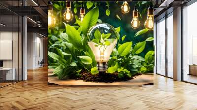 Light bright  bulb with green leaves symbolizes eco-friendly energy. Renewable clean energy  concepts Wall mural