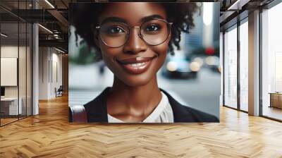 a high quality portrait of a closeup of a Black Woman smiling with glasses. She’s an entrepreneur and has a vision for her career. Professional in New York. Wall mural