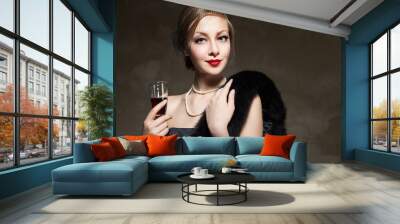 Beautiful woman with glass red wine. Retro style Wall mural