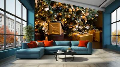 Christmas winter bokeh background. Christmas tree with gifts and abstract bokeh lights. Festive holiday background with shallow depth of field and space for text. New Year winter horizontal design. Wall mural