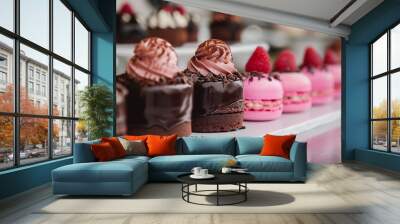 Different types of cakes in shop (buffet) Wall mural