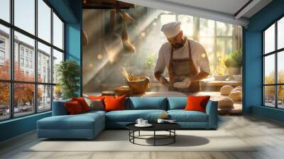 Baker man in apron cooking bread in kitchen, dough on the table. Men hands with flour splash. The morning rays of the sun are shining from the window, bokeh Wall mural