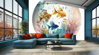 Watercolor aquarium with cute fish illustration Generative AI, png image. Wall mural