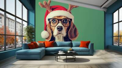 A beagle dog wearing a Santa Claus hat and glasses with deer antlers on a green isolated background. Happy New Year and Merry Christmas greeting card with a pet. The concept of humanization of animals Wall mural