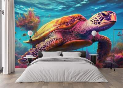 A beautiful underwater world. A turtle swimming in neon colors in the ocean amidst corals and fish. Generated by AI. Wall mural