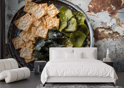 bowl with kelp, crackers on an old background Wall mural