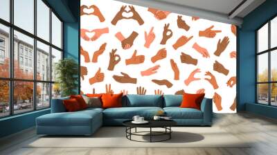 Set of hands of different skin tone with gestures isolated on white background.	 Wall mural