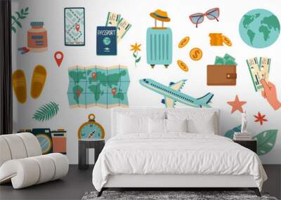 Travel set. Travel concept. Set of travel objects isolated on white. Hand drawn flat illustration. Wall mural