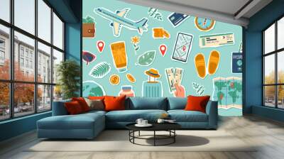 Travel stickers set. Travel concept. Set of travel objects isolated on blue. Hand drawn flat illustration. Wall mural