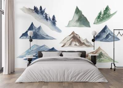 Aquarelle set of highlands of snow-capped mountain ranges, rocks and slopes covered with conifers. For design compositions on a theme of hiking and climbing the mountains. purity of nature, clear air Wall mural