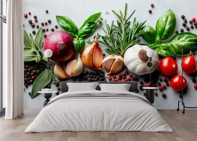 Assortment of Fresh Herbs and Spices with Tomatoes on a White Surface Wall mural