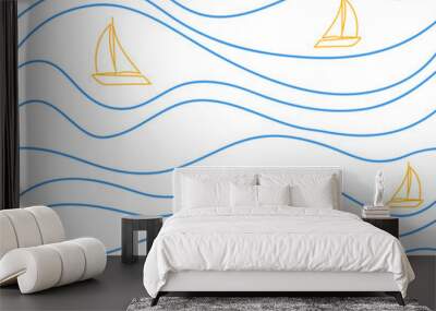 Baby seamless pattern with sailboats and waves. Vector abstract marine background. Simple baby's drawing for textile. Wall mural