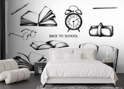 Back to school elements kit, clip art set, stickers, illustration sketch isolated on white Wall mural