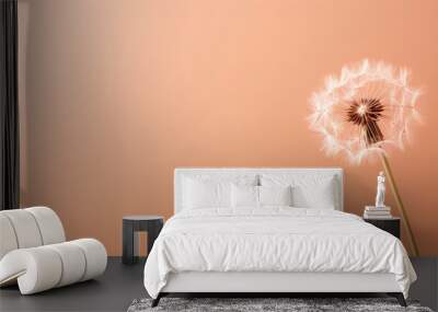 Banner Soft-focus dandelion on peach background, delicate nature wallpaper, tranquil floral stock photo. Trendy Peach Fuzz color. AI Generative Wall mural