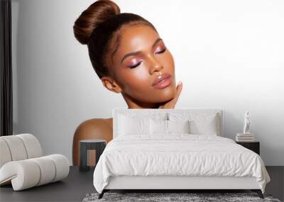 Beautiful portrait of a young woman African American with perfect skin and a gentle makeup in pink shades. perfect skin. beauty. Close-up. Isolated. - Image    Wall mural