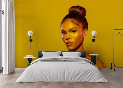 Beauty style Fashionable portrait of American Girl in mustard filter. Beauty girl face close up. Closeup portrait black woman with copy space. Art makeup and beautiful portrait lighting.- image.    Wall mural