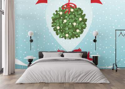 Birds kissing under a branch of mistletoe Christmas Wall mural