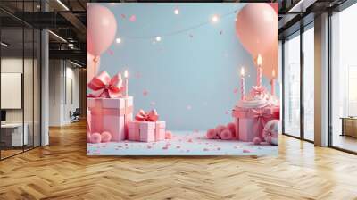 Birthday cakes, candles, gift boxes with big bows. Free place for text made from. Pastel colors. Wall mural