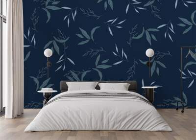 Blue palm tropical hand drawing vector illustration on dark background in beach style. Free painting of summer leaf and exotic flora, nature motifs with herbs. Seamless hawaii pattern Wall mural