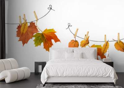 Bright autumn leaves hung on a rope. Universal clip art set for your design on white background Wall mural