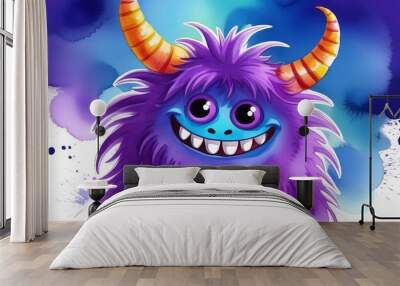 Cheerful fluffy monster with horns on a festive background Wall mural