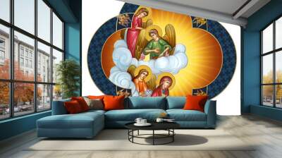 Christian traditional image of Holy Mary with Angels. Decorative cross in Byzantine style isolated Wall mural