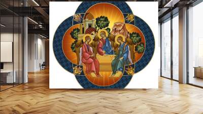 Christian traditional image of the Holy Trinities. Decorative cross in Byzantine style isolated Wall mural